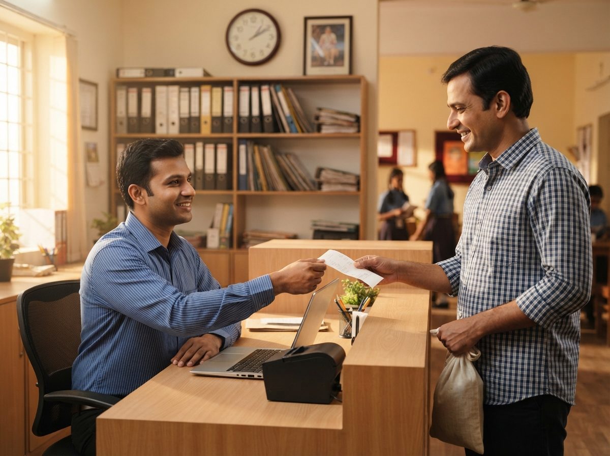 A school accountant at the fee counter handing a printed receipt to a smiling father