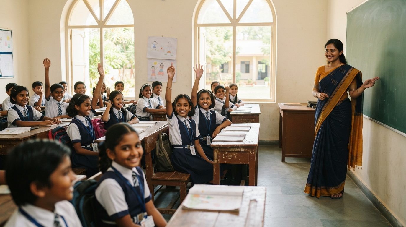 Children in navy school uniforms raising their hands in a bright classroom, their teacher smiling at the board
