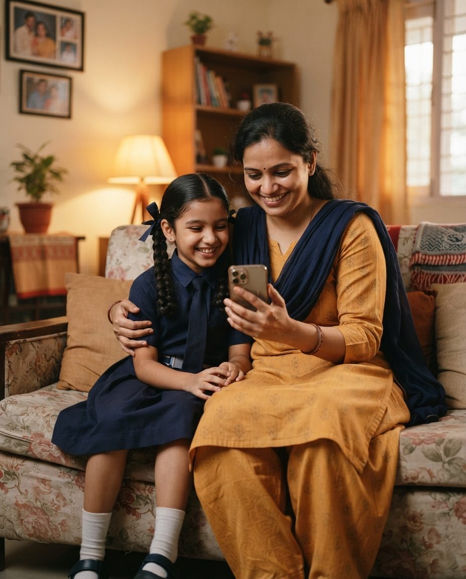 A mother and her daughter in school uniform smiling at a phone together at home