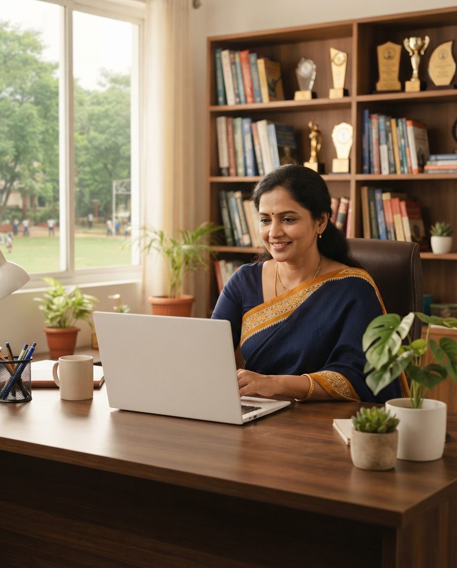 A school principal in a navy saree working at her laptop in her office