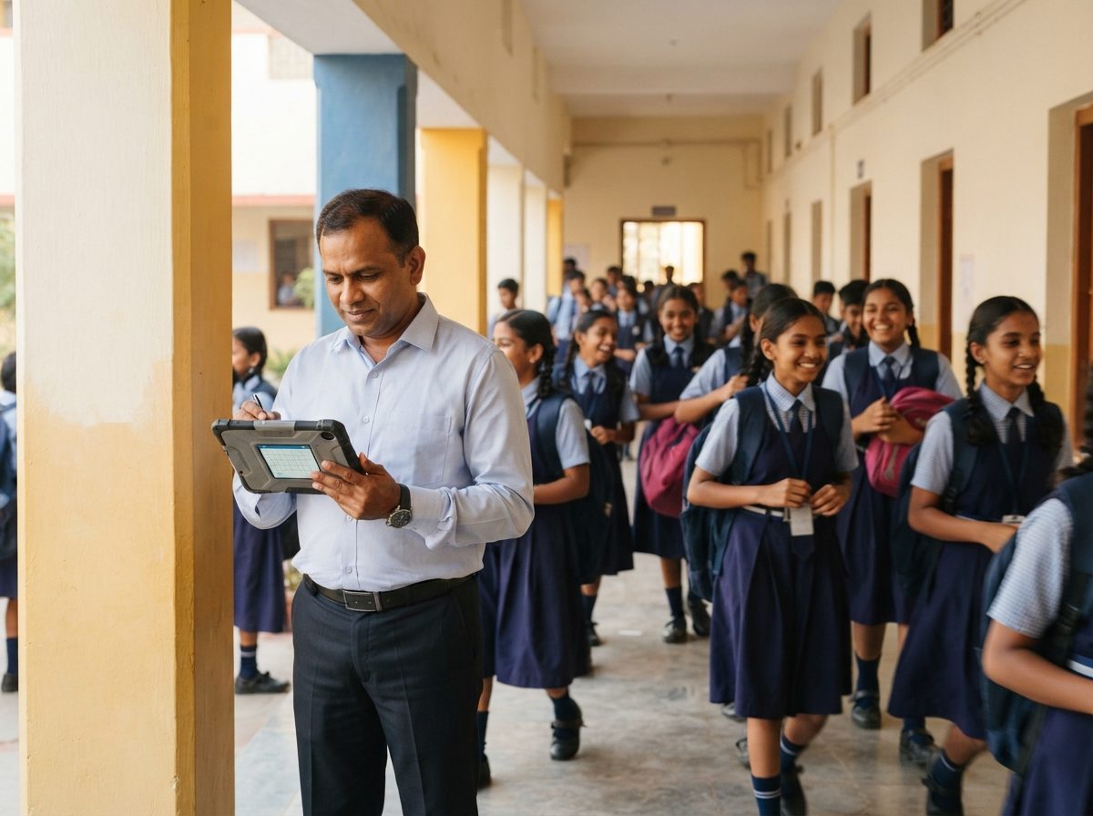 A teacher marking attendance on a tablet in a school corridor as students walk to class